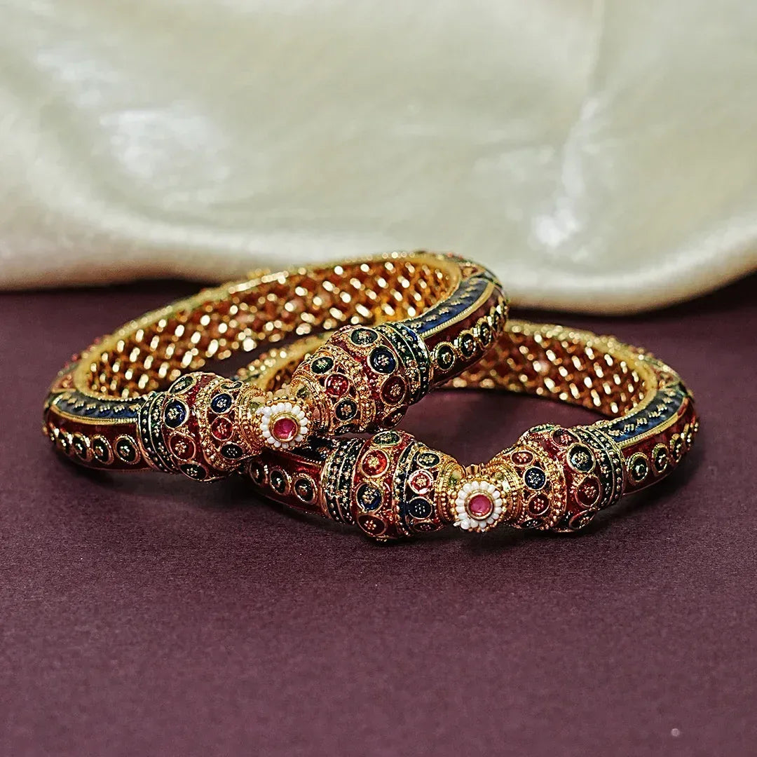 Traditional Meenakari Work Brass Kada – Handcrafted Jewellery for Women (Pack of 2) - The Golden Cascade